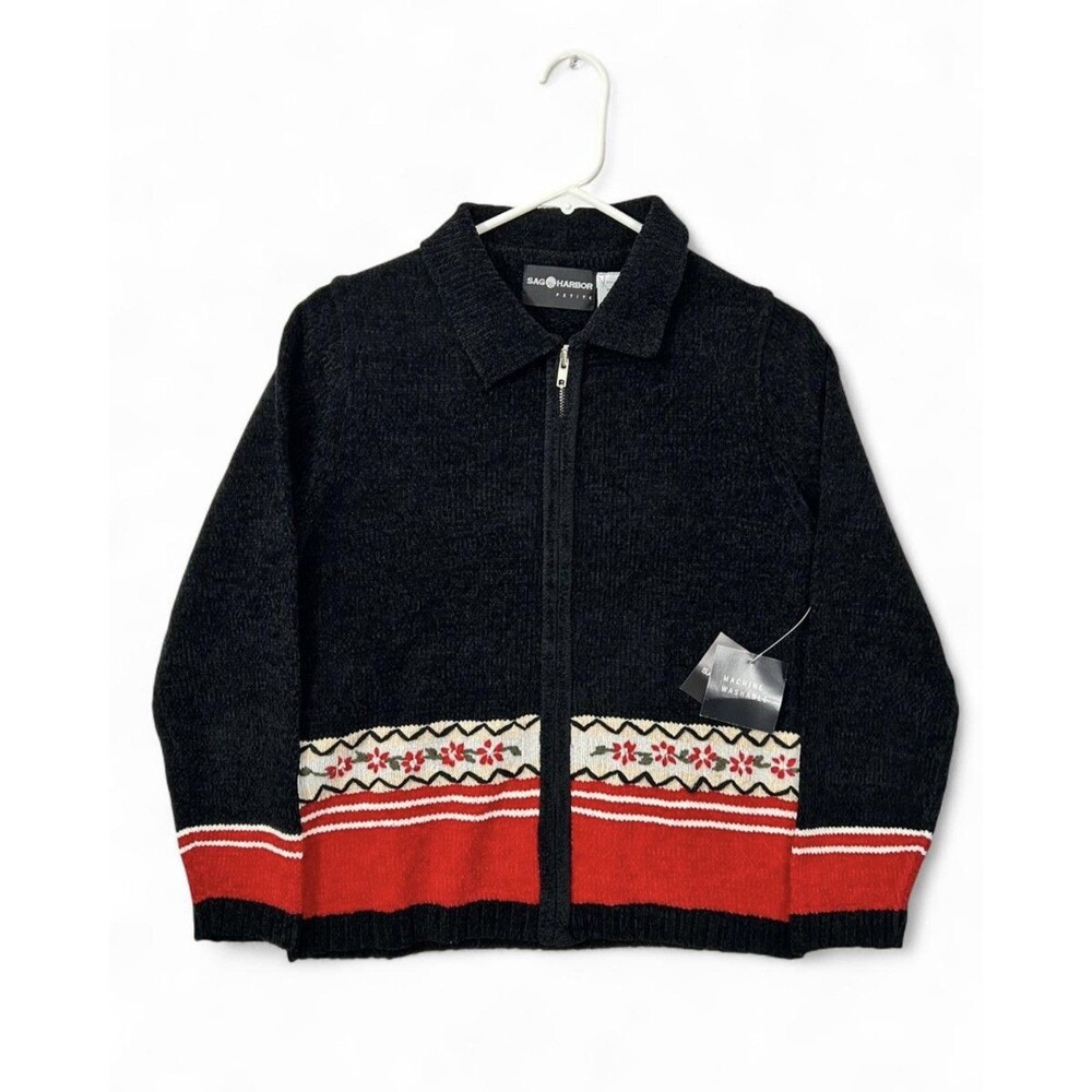 Sag Harbor Cardigan Y2K Retro Soft Black Red Full Zip Chenille Coastal Grandma - Picture 1 of 9